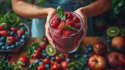 Person preparing a protein-packed smoothie with fruits and yogurt.