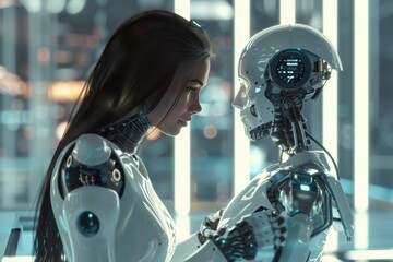 A woman stands by a robot on a street in the city
