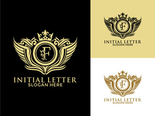 Luxury royal wing Letter F Logo vector, Luxury wing crown emblem alphabets logo design template