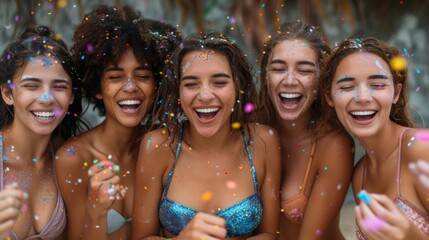 Fototapeta premium A group of women laugh and have fun, covered in glitter and confetti at a celebratory event