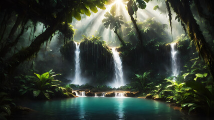 A powerful waterfall cascading into a clear pool surrounded by dense, green rainforest vegetation. Sunlight breaks through the canopy, creating a magical atmosphere with mist rising from the water. 
