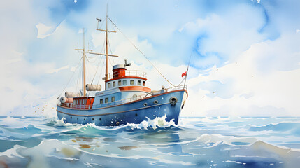 Obraz premium Watercolor rustic cargo ship in the sea with sky..