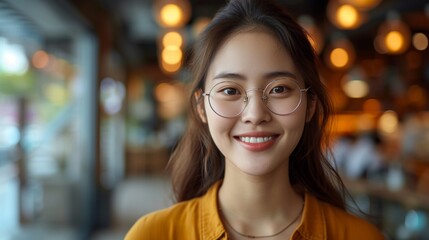 A friendly young Asian woman smiles brightly in a cafe setting, exuding approachability and warmth - Powered by Adobe