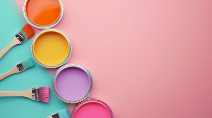 Colorful paint cans with brush top view