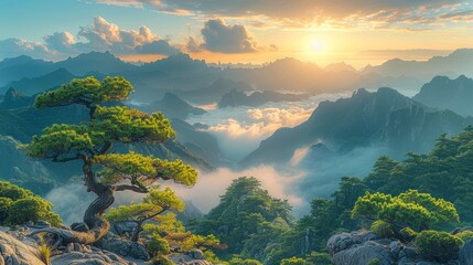 A breathtaking landscape showcases a sunrise over misty mountains, with a solitary tree standing as...