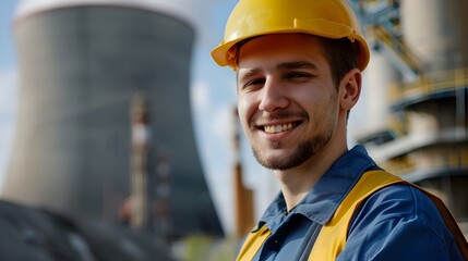 Fototapeta premium Smiling Nuclear Technician Proudly Stands in Front of Industrial Power Plant