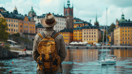 A person in a hat and backpack is observing a beautiful cityscape across a waterfront, showcasing...
