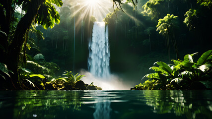 A powerful waterfall cascading into a clear pool surrounded by dense, green rainforest vegetation. Sunlight breaks through the canopy, creating a magical atmosphere with mist rising from the water. 