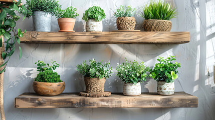 Brown wooden floating shelves hanging on a white wall. Green indoor plants in pots stand on shelves 