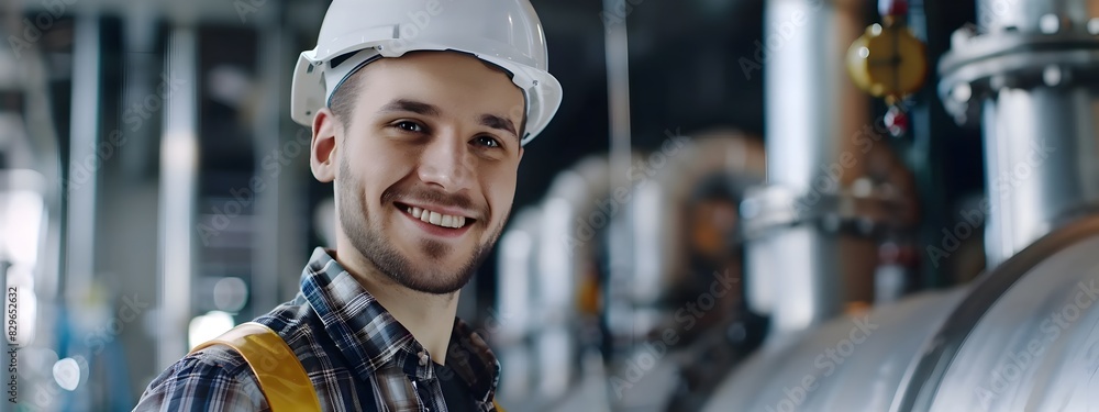 Wall mural Smiling Young Plant Engineer Wearing Safety Helmet and Uniform at Factory Workplace - Wall murals