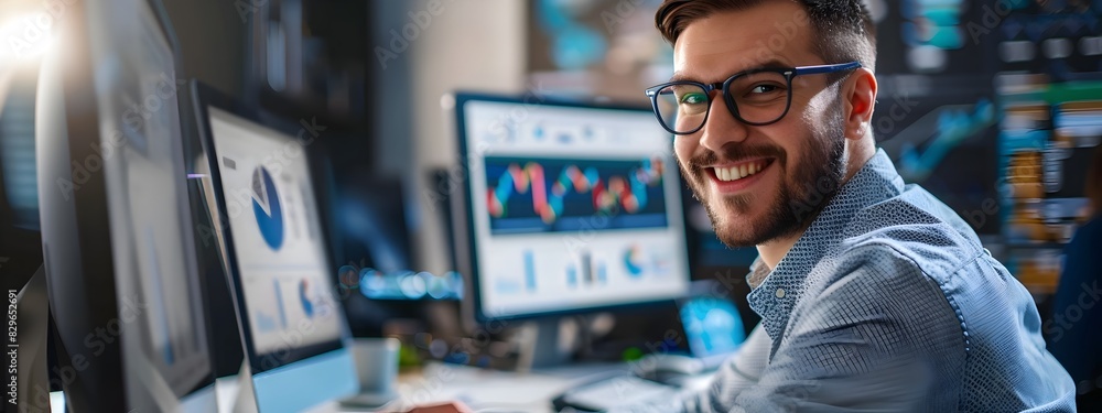 Poster smiling young professional data analyst working at computer in office environment