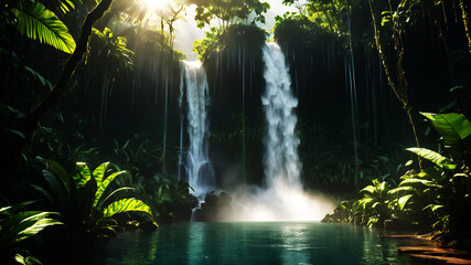A powerful waterfall cascading into a clear pool surrounded by dense, green rainforest vegetation. Sunlight breaks through the canopy, creating a magical atmosphere with mist rising from the water. 