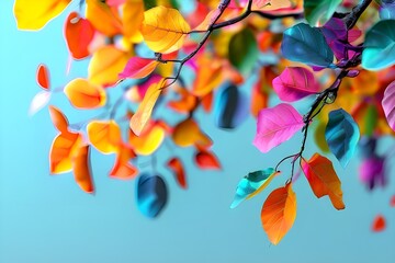 a branch of a tree bearing leaves that are pink, orange, and yellow in hue. Vibrant hues evoke a sense of vitality and life.The tall beech trees' golden canopy reflects the pleasant fall sun.
 
