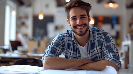 Obraz premium Smiling Young Professional Working at Desk in Office Environment