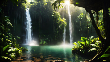 A powerful waterfall cascading into a clear pool surrounded by dense, green rainforest vegetation. Sunlight breaks through the canopy, creating a magical atmosphere with mist rising from the water. 