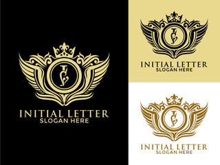 Luxury royal wing Letter I Logo vector, Luxury wing crown emblem alphabets logo design template