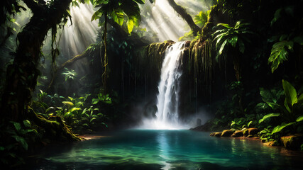 A powerful waterfall cascading into a clear pool surrounded by dense, green rainforest vegetation. Sunlight breaks through the canopy, creating a magical atmosphere with mist rising from the water. 