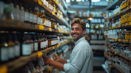 Fototapeta premium A happy man in a white shirt is shopping in a store aisle full of bottled products, smiling at the camera