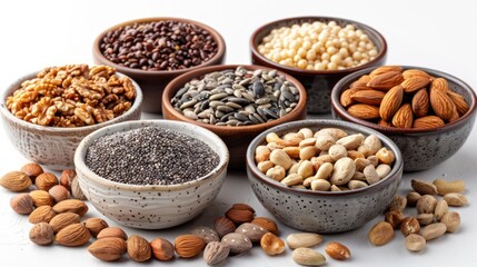 Fototapeta premium Variety of seeds and nuts rich in healthy fats.