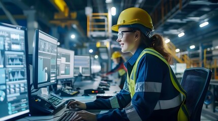 Fototapeta premium Young Female Engineer Analyzing Industrial Equipment and Processes in Factory