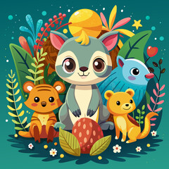 Naklejka premium cute cartoon animals. Vector flat images of animals for postcards, various types of printing.