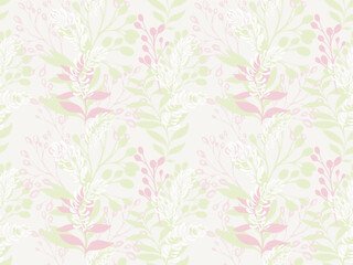 Abstract artistic jungle seamless pattern with shapes branches, leaves, leaf. Pastel unique botanical printing on a light background. Vector hand drawing sketch. Collage template design for textile,