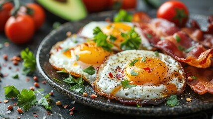 Breakfast foods that are high in protein include eggs, bacon, and avocado.