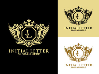 Luxury royal wing Letter L Logo vector, Luxury wing crown emblem alphabets logo design template