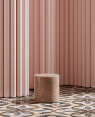Minimal background for product presentation. Terrazzo podium on pink corrugate background. Clipping path of each element included. 3d render illustration. 