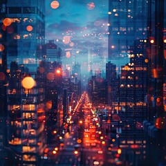 A vibrant city skyline at night with glowing lights and a dreamy atmosphere.