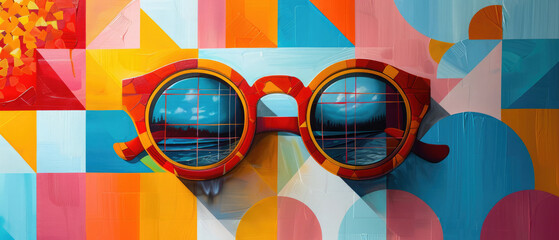 Colorful round sunglasses on abstract geometric background.