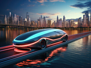 Futuristic self-driving car travels on a elevated track over a city skyline at sunset.