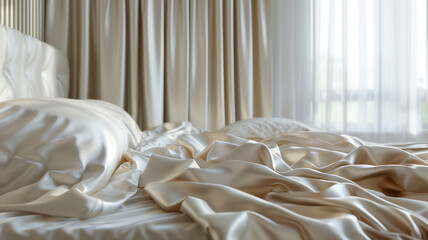 bedroom interior with white bed linen and beige satin fabric