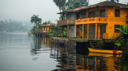 Obraz premium Tranquil scene showing an orange traditional house by a calm lake with a yellow boat, reflecting on the water surface in a misty environment