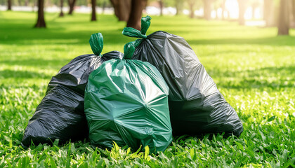 Trash bags on green grass. Full plastic garbage polyethylene containers. Ecology problem. Close up