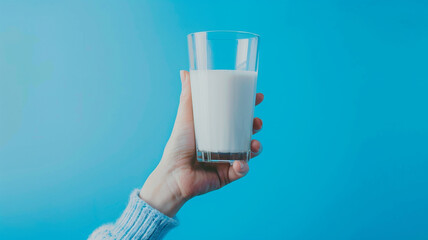 Child's hand holding a glass of milk on a blue background