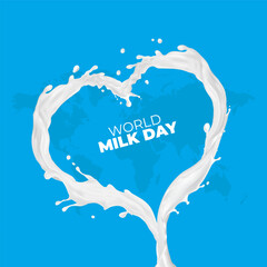 Vector illustration of Happy World Milk Day. Fresh heart shape milk splash with world map background.