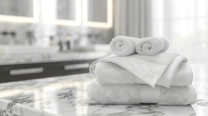 white towels on marble bathroom counter with blurred interior background