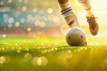 Close up of soccer ball on green grass with player foot in the background during sunny day at...