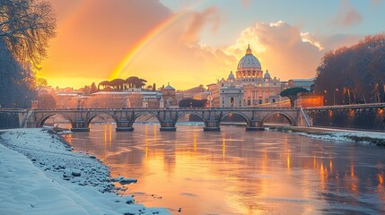 Beautiful sunset with a double rainbow over the Vatican City and a bridge spanning over the Tiber River, snow on the riverside
