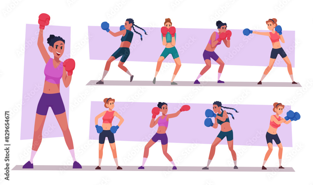 Sticker Woman boxing. Female fighters punching in gloves sport female characters exact vector strong woman