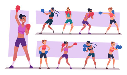 Woman boxing. Female fighters punching in gloves sport female characters exact vector strong woman