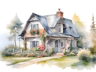 Cottage House Nature Watercolor Art