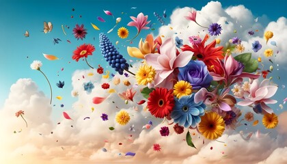 Whimsical scene of vibrant flowers and butterflies floating in the sky with fluffy clouds, creating a dreamy and enchanting atmosphere.
