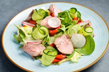 Fresh vegetable salad with veal, spinach and radish. In a blue plate.
