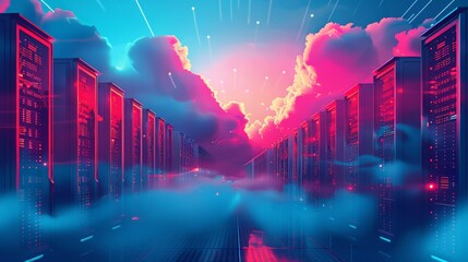 A futuristic data center illuminated by neon lights, with colorful clouds in the background, representing advanced cloud computing and data storage.