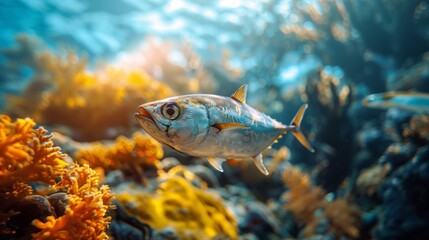 Naklejka premium An eye-catching tropical fish swimming among colorful coral reefs under the sea