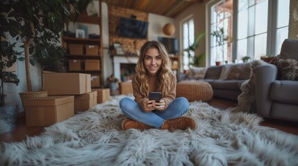 A delighted young woman uses her smartphone while sitting cross-legged on a fuzzy rug in a light-filled room