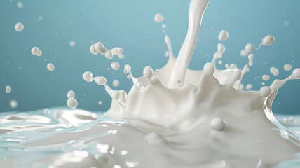 Milk pouring and splashing on blue background