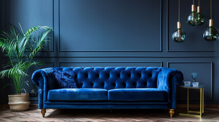 Modern interior design of dark blue color with velvet sofa
